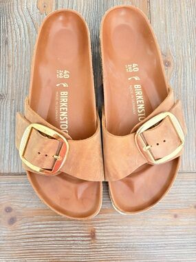 Birkenstock Tan Leather Slip-Ons with Gold Buckles - Madrid Big Buckle